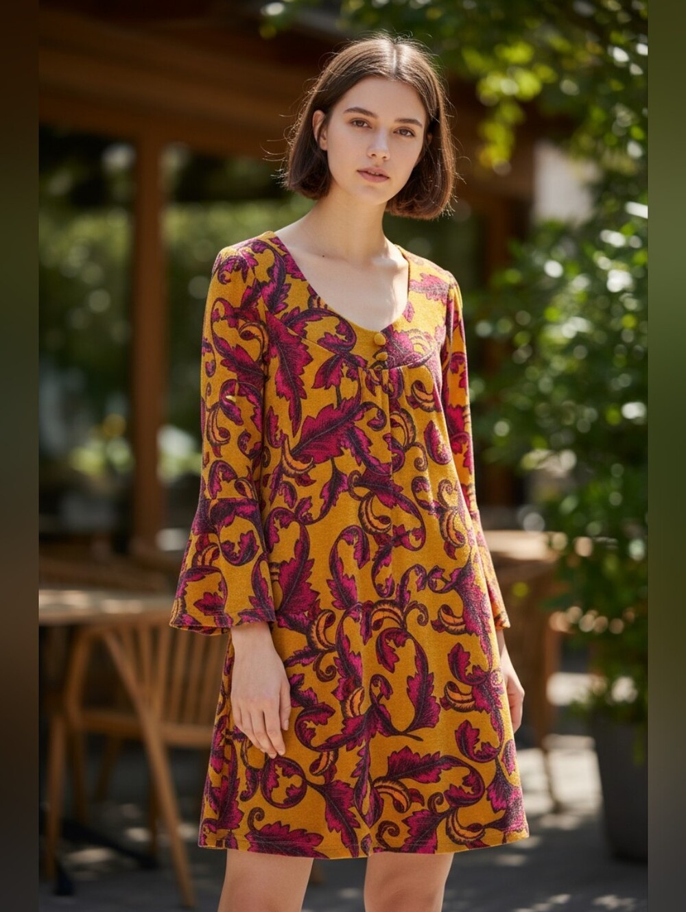 Aryeh - Women's Mustard/Magenta Filigree-Print Ballet Mini Shift Dress